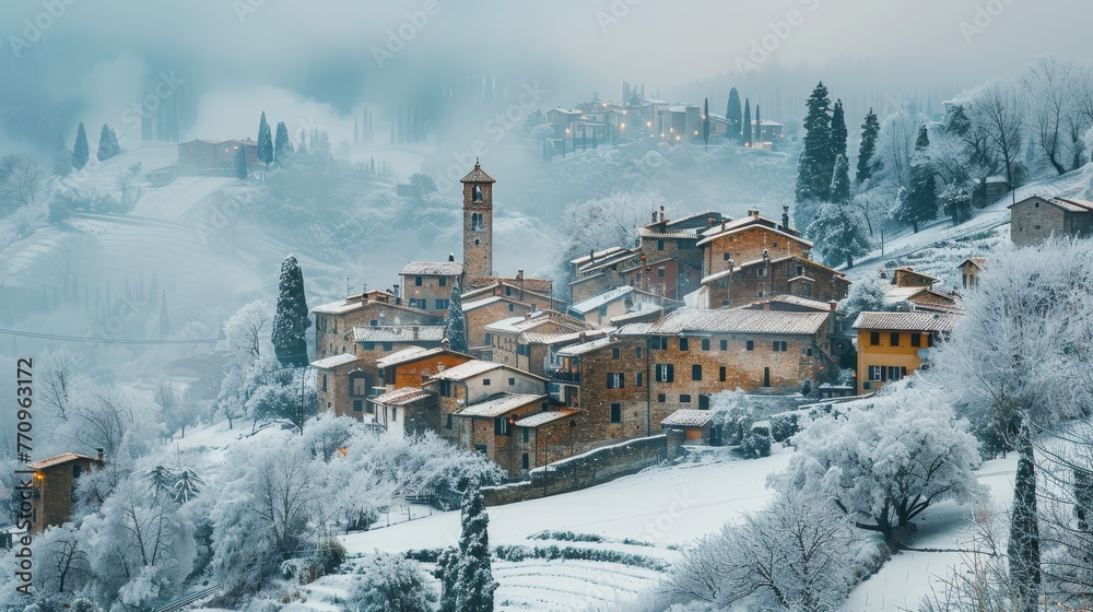A snowy landscape with a small village in the background. The snow is covering the trees and the houses, creating a peaceful and serene atmosphere