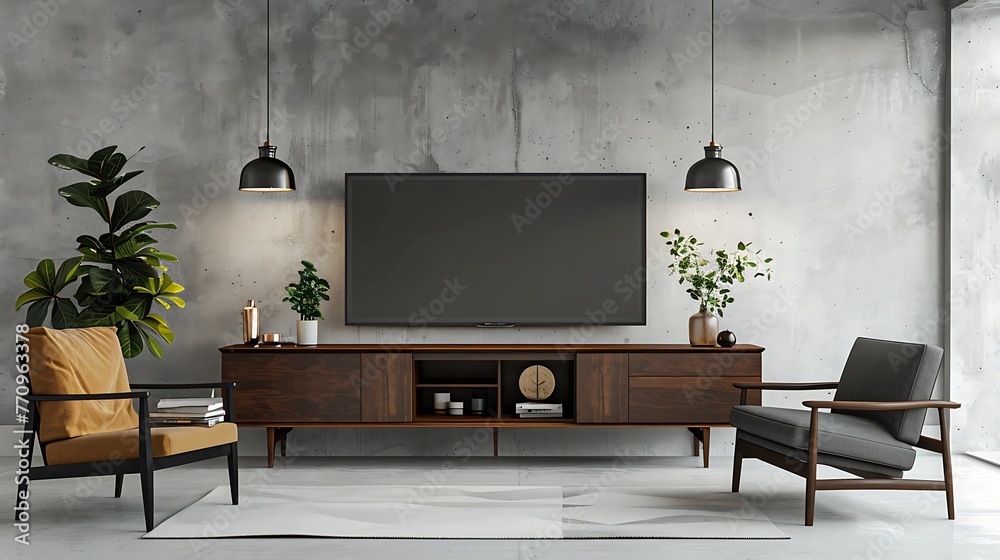 Mockup a cabinet TV wall mounted with armchair in living room with a white cement wall Mockup a cabinet TV wall mounted with armchair in living room with a white cement wall