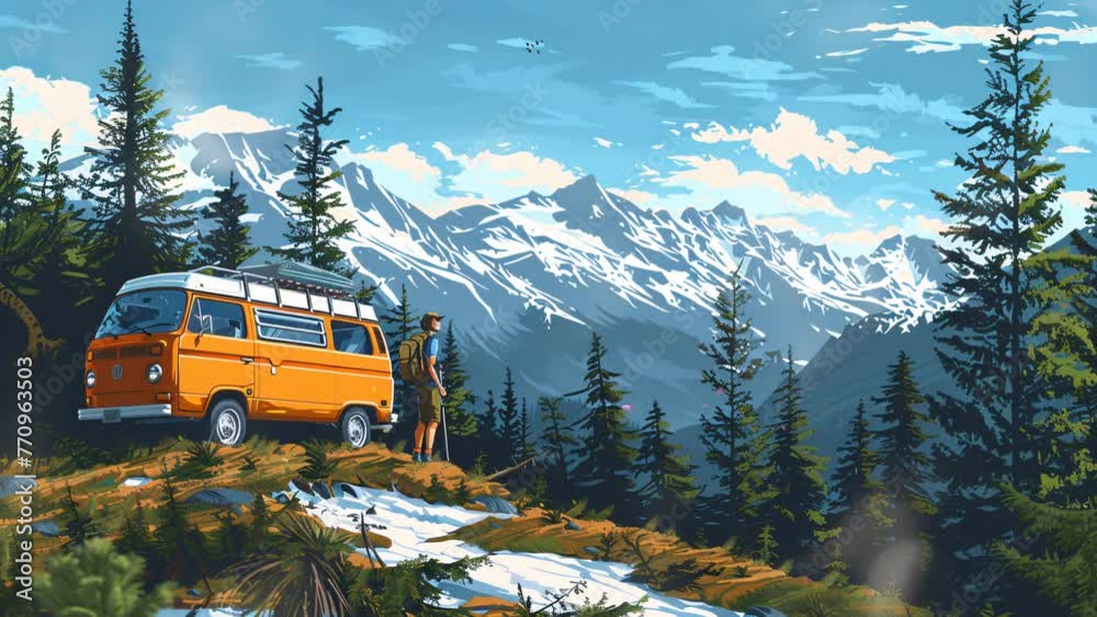 Orange van by a mountain river with snowy peaks Orange van by a mountain river with snowy peaks