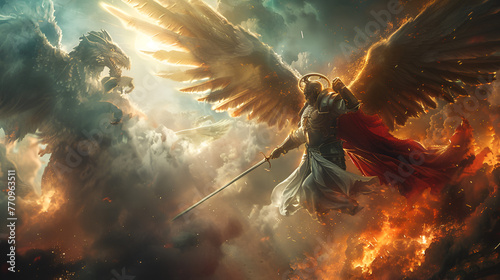 Epic Battle in Heaven as in the Book of Revelation Epic Battle in Heaven as in the Book of Revelation: Saint Michael the Archangel Defeats Satan the Dragon, Generative Ai photo
