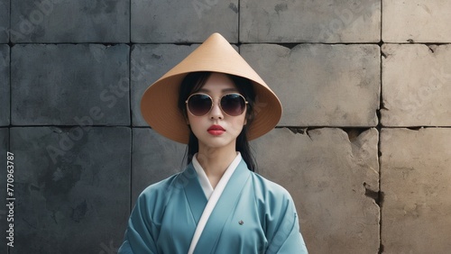 A pretty Vietnamese young Asian girl wearing national costume color blue with an old grey wall.