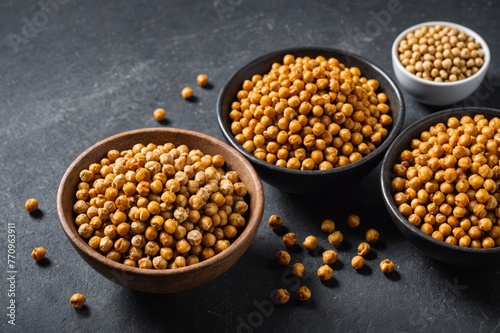 Trio of dried, cooked and roasted high fiber, protein rich legume, garbanzo beans commonly known as chickpeas.