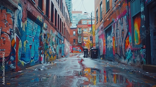 A graffiti covered alleyway with a puddle of water in the middle. The alleyway is filled with graffiti and trash, giving it a somewhat run down and abandoned appearance photo