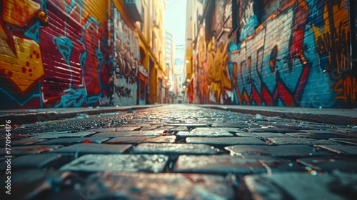 A graffiti covered alleyway with a brick walkway photo