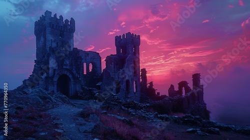 A castle with a purple sky in the background. The castle is old and abandoned