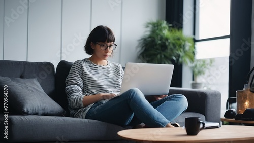 Beautiful young girl using laptop while sitting on sofa. Female freelancer working from home on notebook. Modern business woman concept.