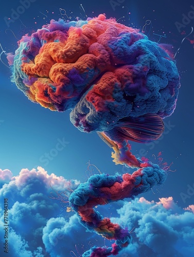 illustrate a stylized brain with vibrant pathways leading to positive affirmations and mental health resources, all seen from a dramatic tilted angle This image should symbolize the journey towards im photo