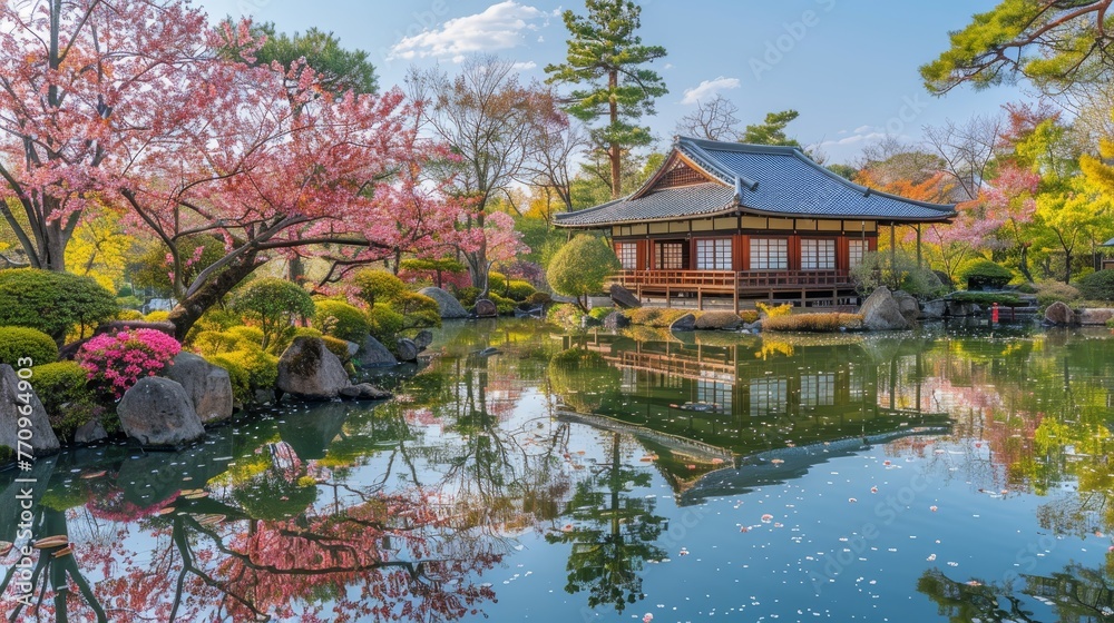 A beautiful Japanese garden with a small house and a pond. The pond is full of pink flowers and the house is surrounded by trees. The scene is peaceful and serene