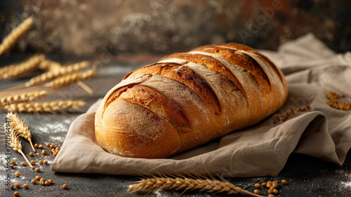 Loaf of bread background. Whole bread. Baguette horizontal concept background. Food creative poster design. Raster bitmap digital illustration. AI artwork.