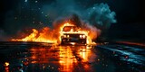 Nighttime scene of a burning car on a road creating a fiery explosion and causing damage. Concept Car Accident, Fiery Explosion, Nighttime Scene, Road Damage, Emergency Response