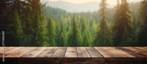 A beautiful hardwood table placed in a natural landscape with a forest in the background. The grass, trees, and sky complete the picturesque scene