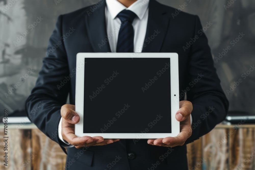 Business man's hands holding a tablet PC with blank screen Business man's hands holding a tablet PC with blank screen