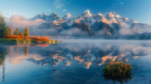A mountain range is reflected in the water of a lake. The sky is clear and the sun is shining photo