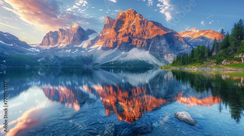 A beautiful mountain lake with a reflection of the mountains in the water. The sky is a mix of blue and orange hues, creating a serene and peaceful atmosphere