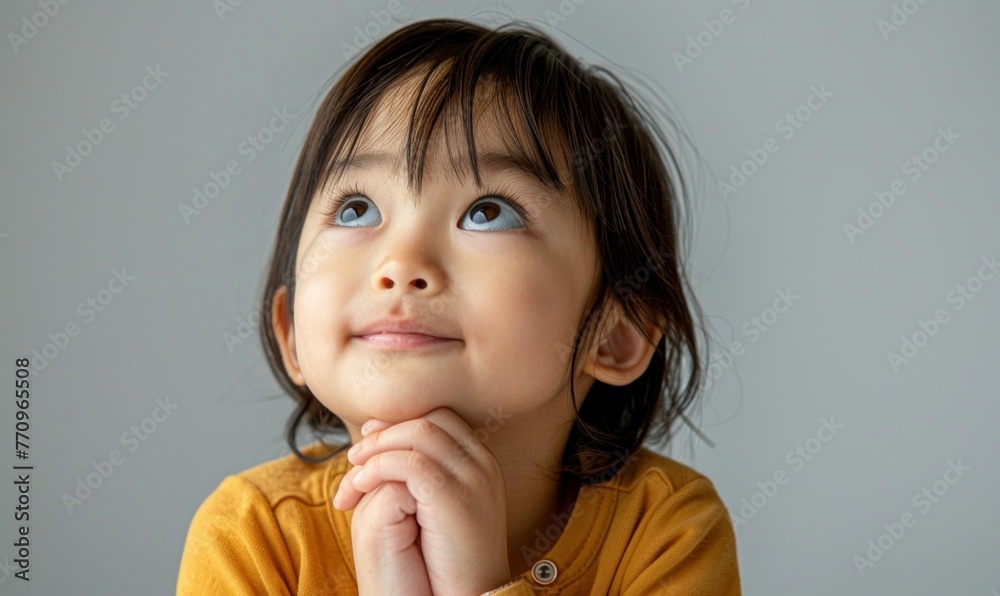 A contemplative Chinese girl child gazes sideways against a soft studio backdrop A contemplative Chinese girl child gazes sideways against a soft studio backdrop