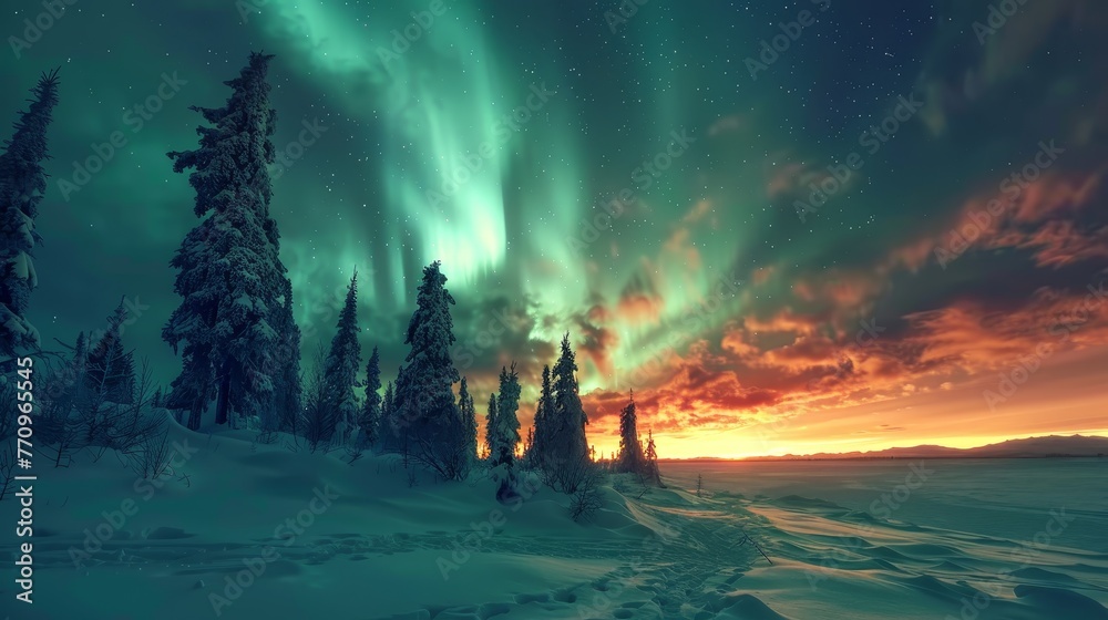 A beautiful aurora borealis lights up the sky above a snowy forest. The sky is filled with a mix of green and red colors, creating a serene and peaceful atmosphere. The trees are covered in snow
