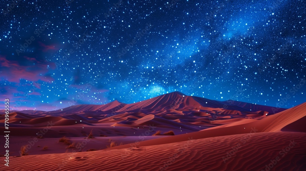 A desert landscape with a starry sky and a mountain in the background. The sky is filled with stars and the mountains are in the distance. The scene is peaceful and serene - obrazy, fototapety, plakaty 