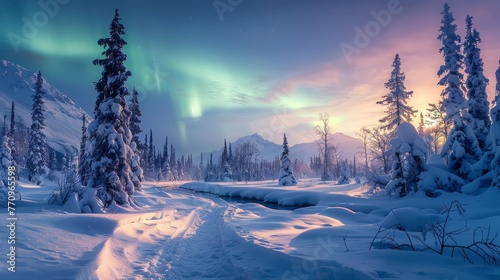A snowy landscape with a river and trees. The sky is filled with auroras, creating a serene and peaceful atmosphere © Rattanathip