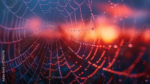 A spider web with raindrops on it. The web is red and blue