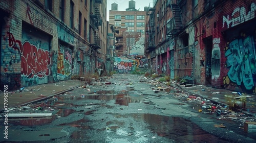 A graffiti covered alleyway with trash and puddles of water. Scene is bleak and desolate © Rattanathip
