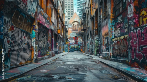 A graffiti covered alleyway with a few buildings in the background. The alleyway is empty and the graffiti is mostly in shades of blue and red photo