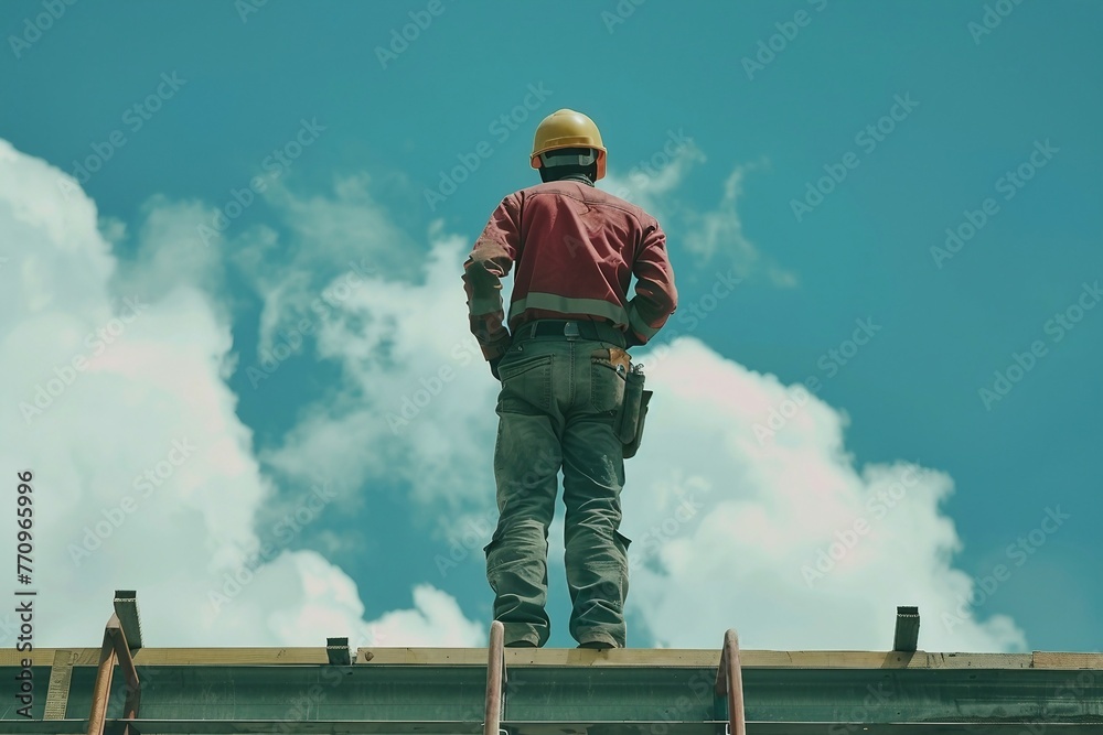 Back view of construction worker on roof structure on construction site