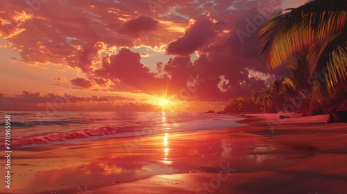 A beautiful sunset over the ocean with a palm tree in the background. The sky is filled with clouds and the sun is setting, creating a warm and peaceful atmosphere