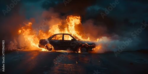 Fiery Explosion: Burning Car on Road at Night. Concept Fire and Rescue, Vehicle Accidents, Emergency Response