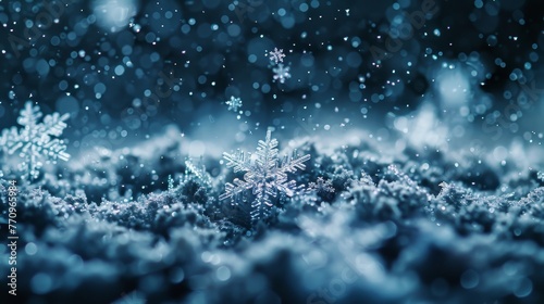 A snow-covered field with snowflakes falling from the sky. The snowflakes are scattered all over the ground, creating a serene and peaceful atmosphere