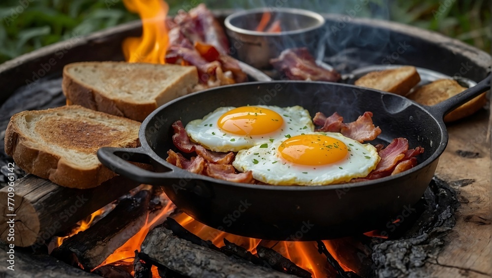 Rustic Morning Feast: Bacon, Eggs, and Toast by the Campfire Rustic Morning Feast: Bacon, Eggs, and Toast by the Campfire