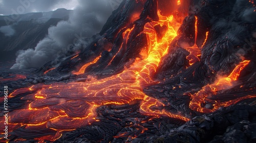 A volcano with lava spewing out of it. The lava is orange and the sky is cloudy