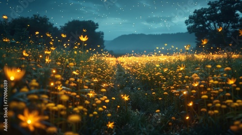 A field of yellow flowers with fireflies in the background