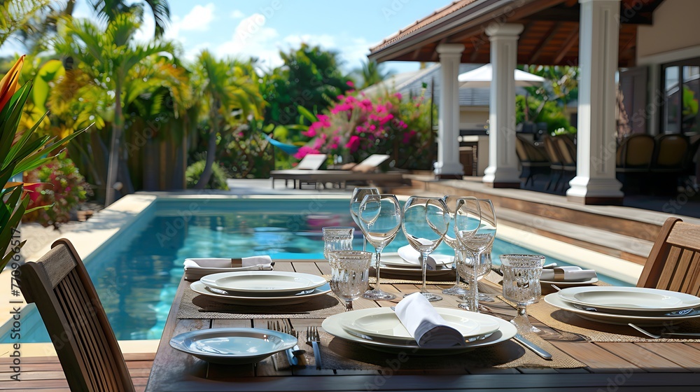 Fototapeta premium Set table on deck by pool of current house