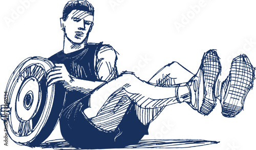 hand-drawn illustration of the man doing exercise with the plate weight