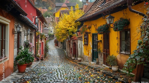 A narrow street with houses on both sides and a cobblestone road. The houses are yellow and red photo