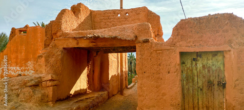 Old clay buildings among palm trees in the village Dechra Hamra, the town of El Kantara. Biskra. Algeria photo