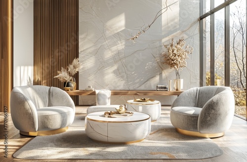A luxurious living room features light gray and gold velvet chairs with brass legs, a round white marble top table with metal wrapping details, and a sofa with beautiful curved lines