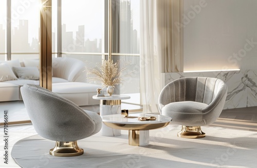 A luxurious living room features light gray and gold velvet chairs with brass legs, a round white marble top table with metal wrapping details, and a sofa with beautiful curved lines