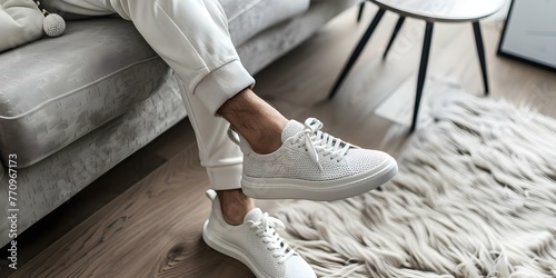 Luxurious athleisure outfit cashmere sweater leather joggers trendy sneakers perfect for a relaxing day at home. Concept Fashion, Athleisure, Comfort, Relaxation, Home photo