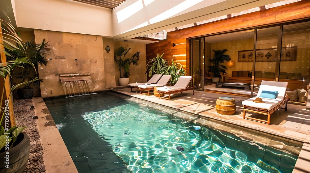 Swimming pool with seating area in outdoors room