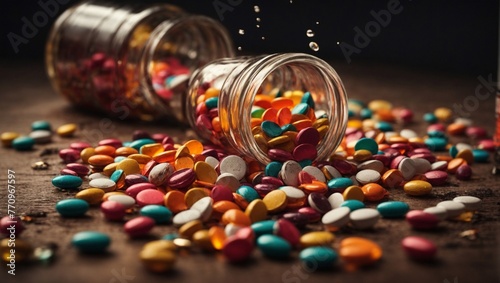 Medicine bottle spilling colorful pills depicting addiction risks