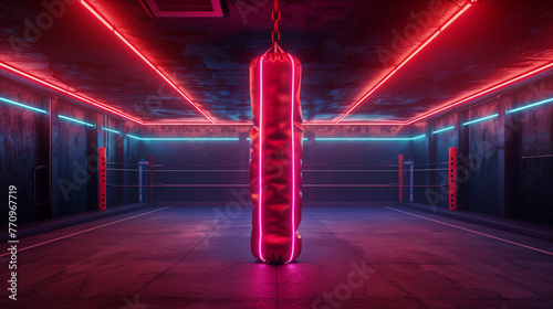  boxing bag in a room with neon lights