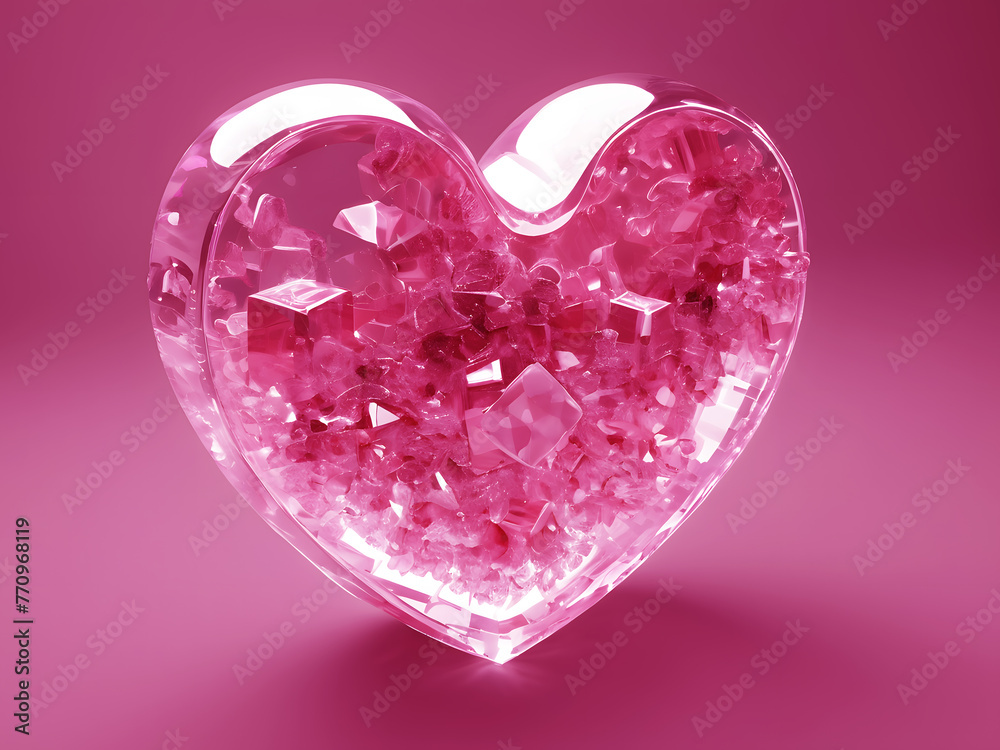 Pink heart of crystal or gemstone. Glass of heart in love for valentine or wedding day.