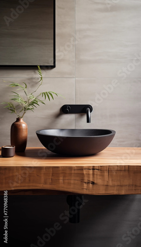 Black ceramic vessel sink on a wooden counter with a plant and candle next to it