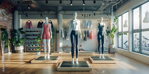 Athleisure store with mannequins in active poses virtual treadmill yoga studio and sports bras fitting area. Concept Athleisure Fashion, Virtual Workout, Treadmill Photoshoot, Yoga Studio Display