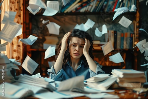 Woman in the office appears desperate, holding their head while piles of documents clutter the desk, with papers flying around the room. The concept depicts overload and excessive work.