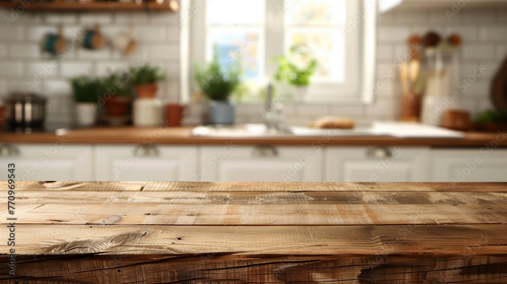 Wooden texture table top on blurred kitchen window background. Studio photo for product display or design key visual layout. For showcase or montage your items (or foods). Mock up. Generative.