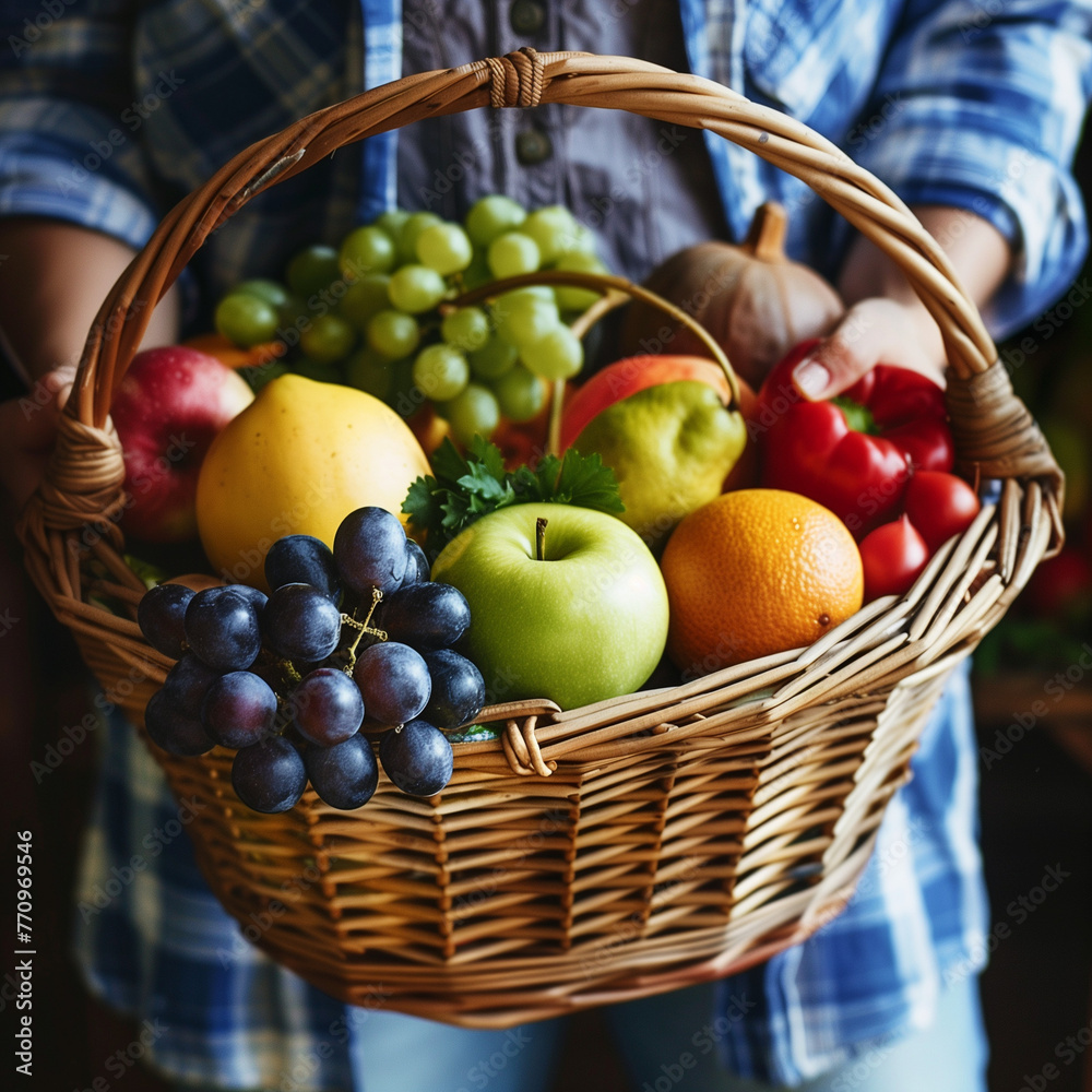 The farmer holds a basket full of colourful and varied fruit and vegetables.