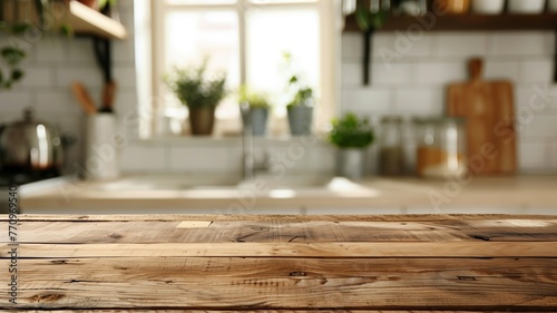 Wooden texture table top on blurred kitchen window background. Studio photo for product display or design key visual layout. For showcase or montage your items  or foods . Mock up. Generative.