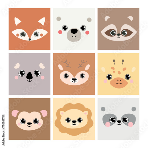 Photography Animal face icon set: fox, bear, raccoon, koala, deer, giraffe, monkey, lion, panda